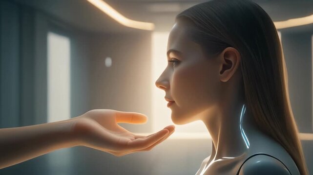 Human profile and outstretched hand in futuristic soft lighting