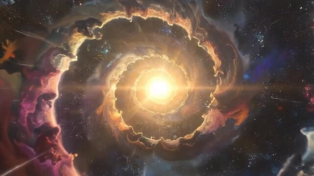 Vibrant cosmic vortex with swirling clouds of color and a bright, central glow.