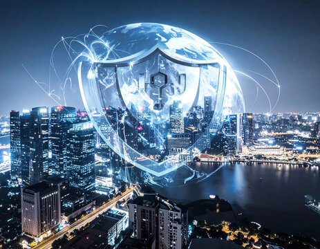 Futuristic night cityscape with a glowing shield and globe overlay, symbolizing global cybersecurity, digital protection for smart cities, and secure, connected worldwide data networks. - Powered by Adobe