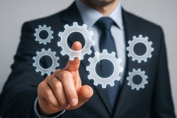 Business Process with Gears: A sharply dressed figure, the embodiment of business acumen, engages with a collection of interconnected gear icons.