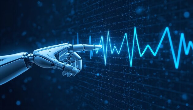 A robotic hand pointing to a glowing blue ECG heartbeat line on a futuristic digital background