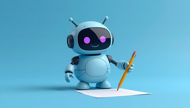 A cheerful robot holding a pencil and standing on a piece of paper against a blue background