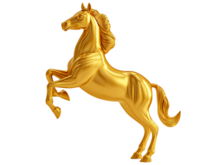 Golden horse statue rearing on hind legs metallic isolated on a transparent background