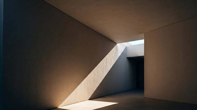 Interior view of architectural geometry with light and shadow, featuring stark walls and open space