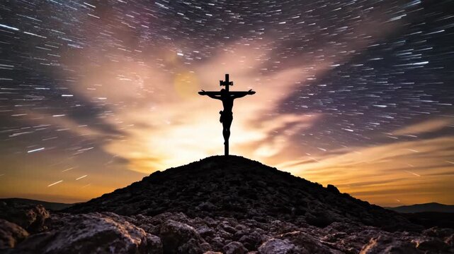 Jesus cross on Calvary hill under changing star trails and celestial sky, spiritual symbol of the crucifixion.