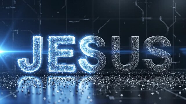 Particle formation of word Jesus on digital grid background with blue light glow for religious presentation