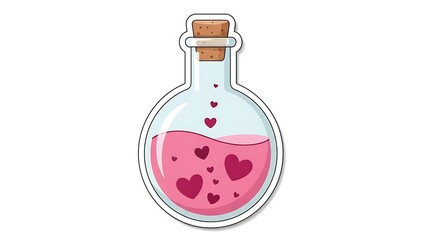 A charming illustration of a vibrant pink love potion in a glass flask with floating hearts