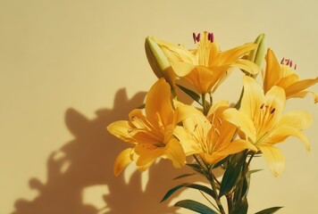 Yellow Lilies in Bloom with Shadows on Beige Background for Elegant Botanical Floral Design
