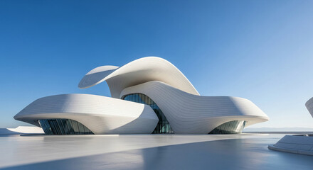 White building with flowing, curved lines against clear blue sky.  Modern architecture, showcasing elegance and design innovation
