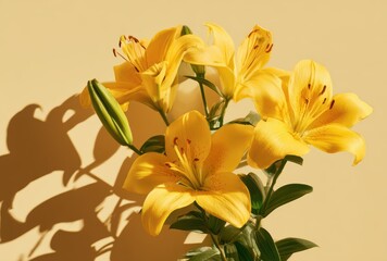 Yellow Lilies in Bloom with Shadows on Beige Background for Elegant Botanical Floral Design
