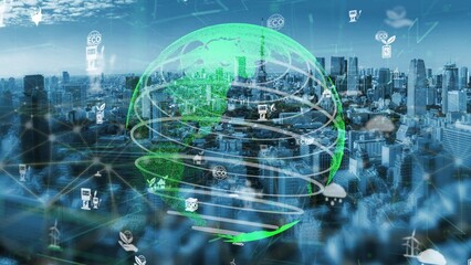 A vibrant illustration of a green earth above a futuristic cityscape, showcasing eco-friendly symbols and icons that highlight the importance of sustainability and environmental protection. Xenic