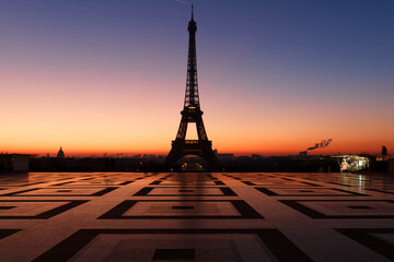 Eiffel Tower at grandiose sunrise seen from Place du Trocadero, Paris, France