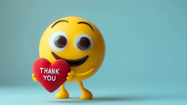 Cute Smiley Emoji Holding Thank You Heart, Cute smiley emoji with a big smile, holding a heart that says "Thank You