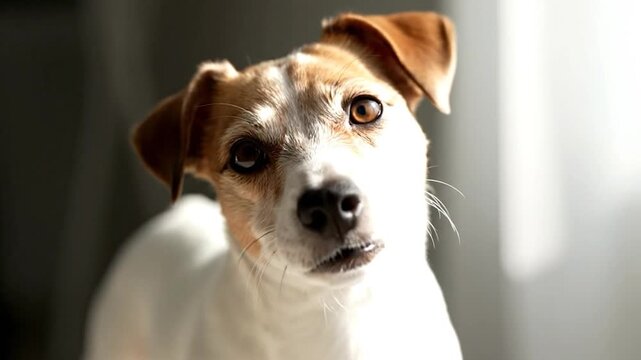 Close-up portrait of a curious Jack Russell Terrier dog, showing its soulful eyes and alert ears