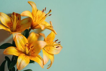 Yellow Lilies in Bloom Against Soft Blue Background for Elegant Spring Floral Nature Design
