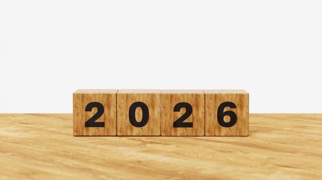 New Year 2026, 2025 Flips to 2026, Year-End Review, Future Planning, Goals Setting, Strategic Roadmap, Growth Vision, Success and Progress Ahead. 2025 Flip to 2026 on Wooden Cubes. 3D Video