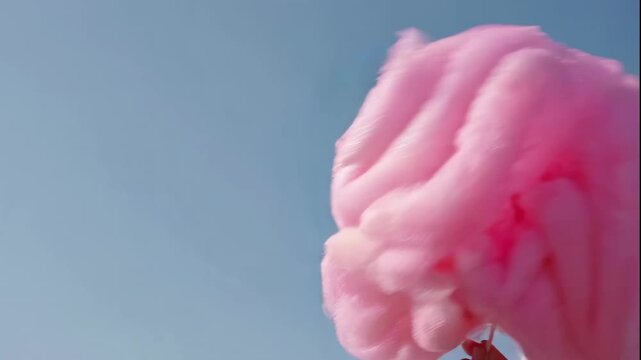 A video showcasing a large pink cotton candy against a clear blue sky - Powered by Adobe