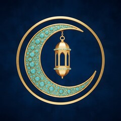Luxury Golden Crescent Moon with Turquoise Gemstones and Hanging Lantern - 3D Illustration
