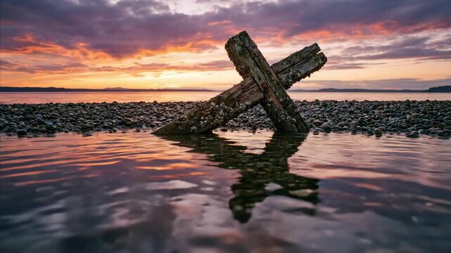 Wooden cross submerged in tranquil water at sunset creating a peaceful scene for religious reflection and spiritual themes