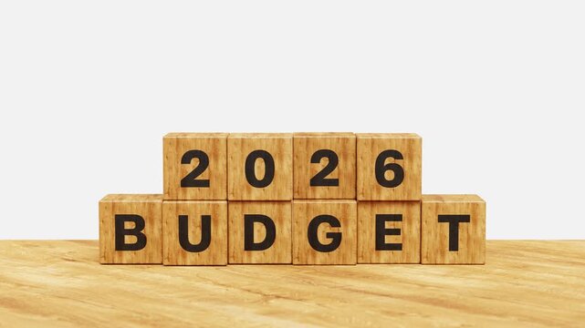 2026 Budget Planning, Finance, Cost Optimization, Revenue Forecast, Expense Management, Profit Growth, Financial Roadmap, Targets and Milestones. 2026 Budget on Wood Cubes. 3D Video