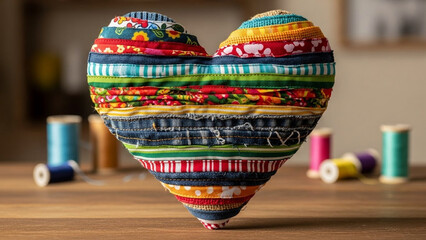 Heart shape woven from colorful fabric strips, unity symbolism.