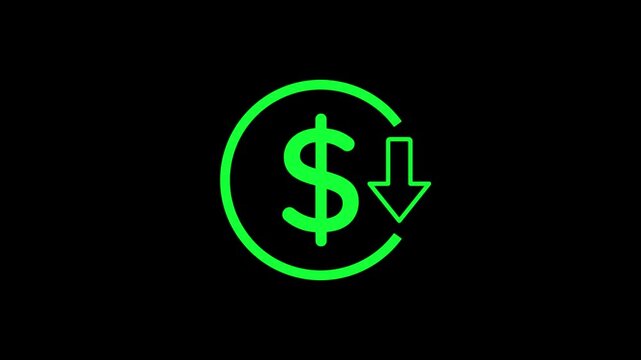 Reduce cost concept with dollar and  down arrow  animation,decrease icon. Reduce costs sign and symbol design background. new business idea video.