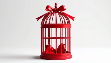 “Red decorative birdcage with bow and hanging loop on white background”