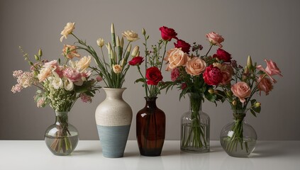 Fototapeta premium Colorful Flower Arrangements on a Wooden Table With a Textured Wall in the Background