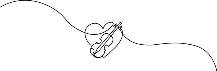 Minimalist one-line art of a violin outline forming a heart shape, perfect for music logos, romantic wedding invitations, and elegant web design.