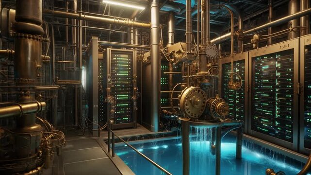 Industrial data center room with server racks and blue illuminated coolant pool