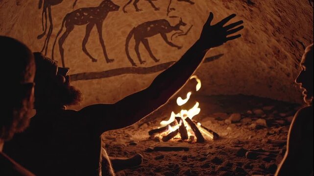 A group of people sitting around a campfire in a cave with ancient animal paintings on the wall, captured in a warm and cozy video.