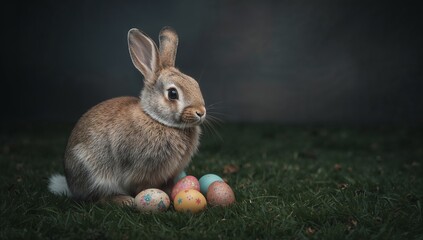 Fototapeta premium Rabbit Sits Near Colorful Eggs on Grass in a Setting With Low Light