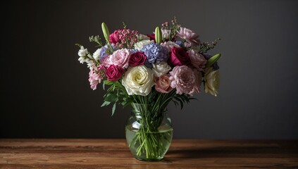 Bright Flowers Arranged in a Clear Vase on a Wooden Table With a Dark Background