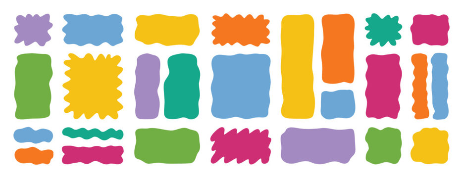 hand drawn organic liquid rectangle frame shapes set. vector fluid square blobs. wavy irregular abstract flat text box spots. curvy random colorful banners