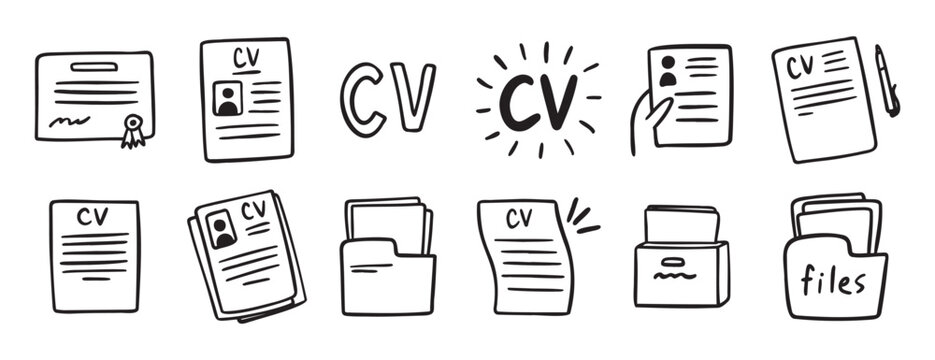 cv and resume and self presentation related doodle hand drawn icon set. Outline drawing cv line clipart symbol collection