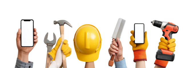 Hands Holding Tools and Smartphones construction isolated on a transparent background