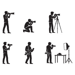 Photographer Silhouette Icons Set &ndash; Professional Camera Poses and Studio Photography Illustration