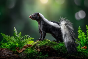 Striped skunk posing on mossy log in sunlit forest