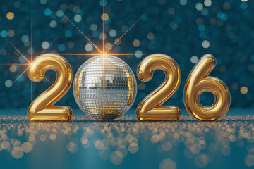 New Year 2026 Celebration with Disco Ball in Gold Foil Numbers and Sparkling Lights in Festive Atmosphere for Party Invitation