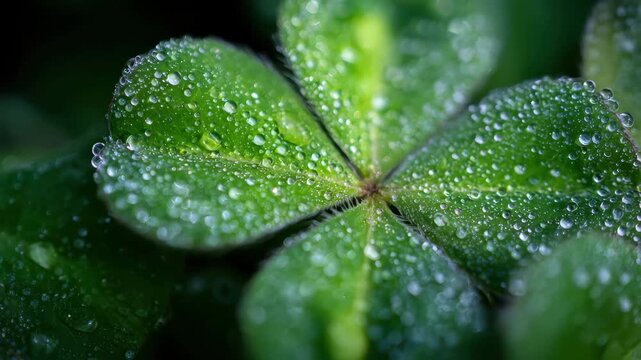 Detailed Macro View of a Dew Covered Four Leaf Clover, Detailed view of a four-leaf clover covered in dew, emphasizing the rich green color and delicate leaf structure
