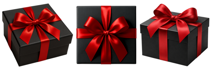 Luxury black gift boxes tied with bold red ribbons, isolated on a clean white background, elegant festive set ideal for advertising banners, holiday promotions, and premium branding.
