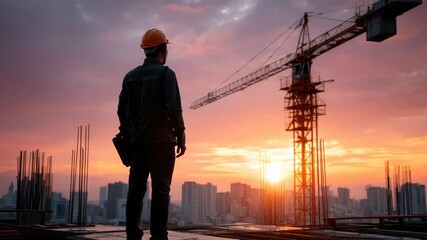 Silhouette of engineer worker at building site during sunset with crane and cityscape in background