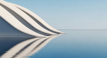 Abstract image of three white curved structures reflected in calm water, minimalist design suggesting serenity, balance, and modern architecture, ideal for background or presentation