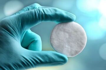 Gloved hand holding circular cotton pad against blurred background
