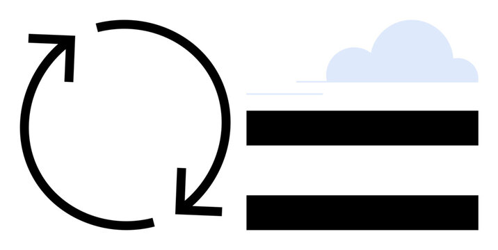 Rotating arrow forming a cycle, aligned with black parallel lines and a subtle cloud shape. Ideal for workflow, recycling, continuity, repetition, environmental themes, balance, planning simple flat
