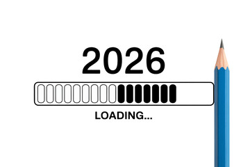2026 Loading Progress Bar with Blue Pencil on White Background in Simple Flat Design for Business