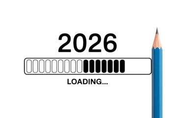 2026 Loading Progress Bar with Blue Pencil on White Background in Simple Flat Design for Business