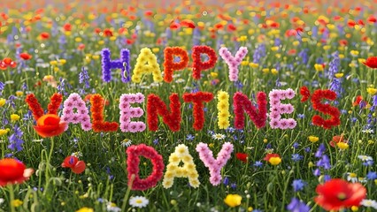 Happy valentine's day in a colorful flower field