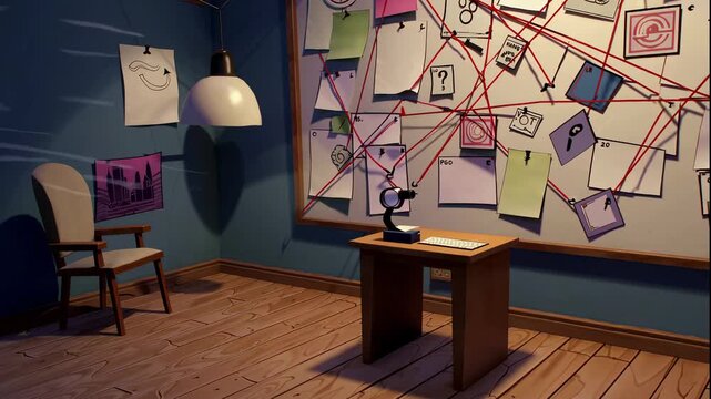 A detective's investigation board in a dimly lit room with a large corkboard covered in notes and red strings, video analysis in progress