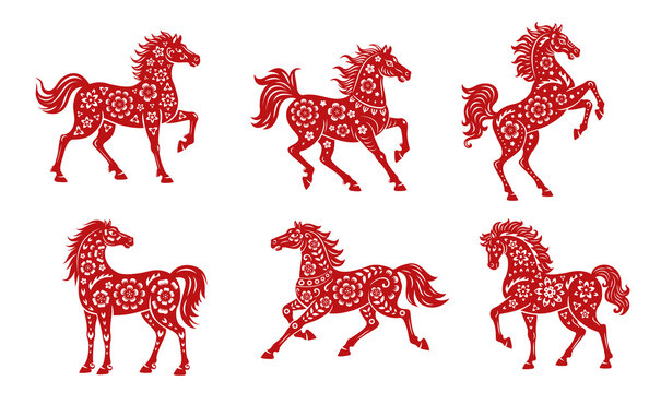 Red horse animals, asian Chinese Lunar New Year and horoscope symbols with vector paper cut flower patterns and oriental ornaments. China New Year zodiac horses set, CNY animal papercut symbols